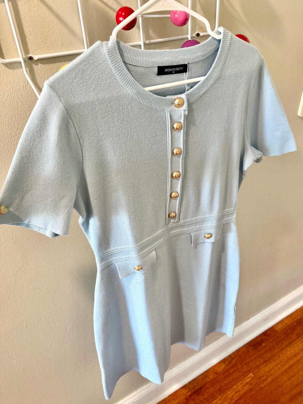 🌟2X HOST PICK!🌟 BNWT 🩵 MEROKEETY Ribbed Knit Button-Front Body-Con Mini Dress - Picture 3 of 8